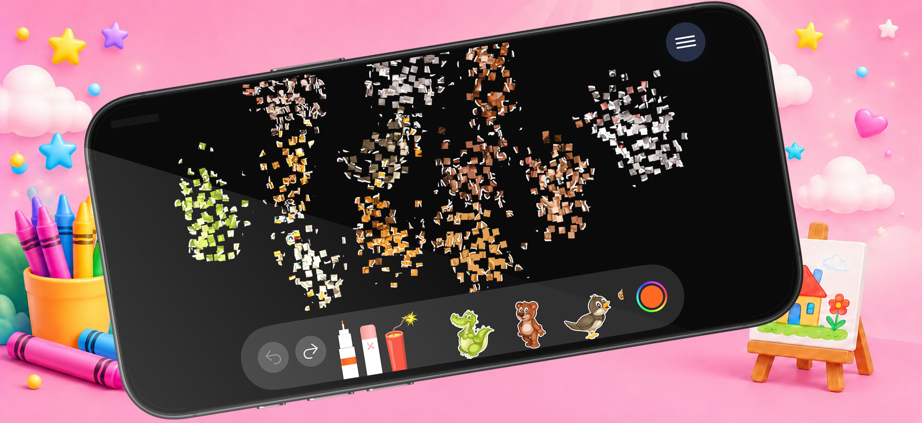 Marsam on an iPhone showing colorful animal stickers popping into pieces, surrounded by crayons and playful artwork