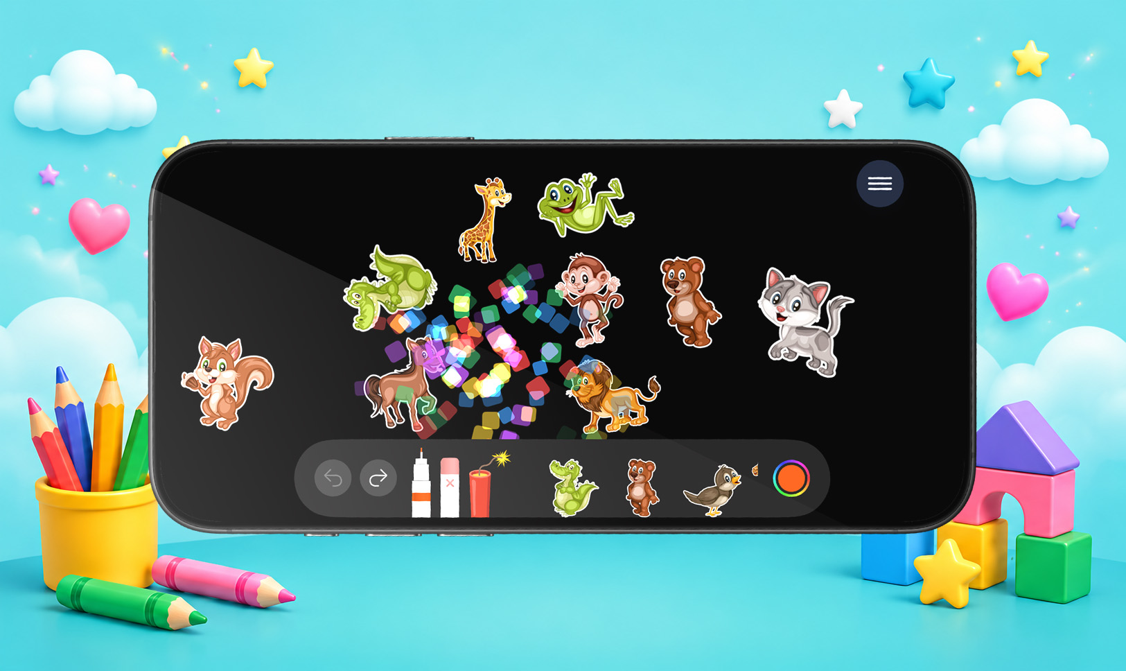 Marsam animal stickers moving and colliding on a drawing canvas surrounded by colorful art supplies